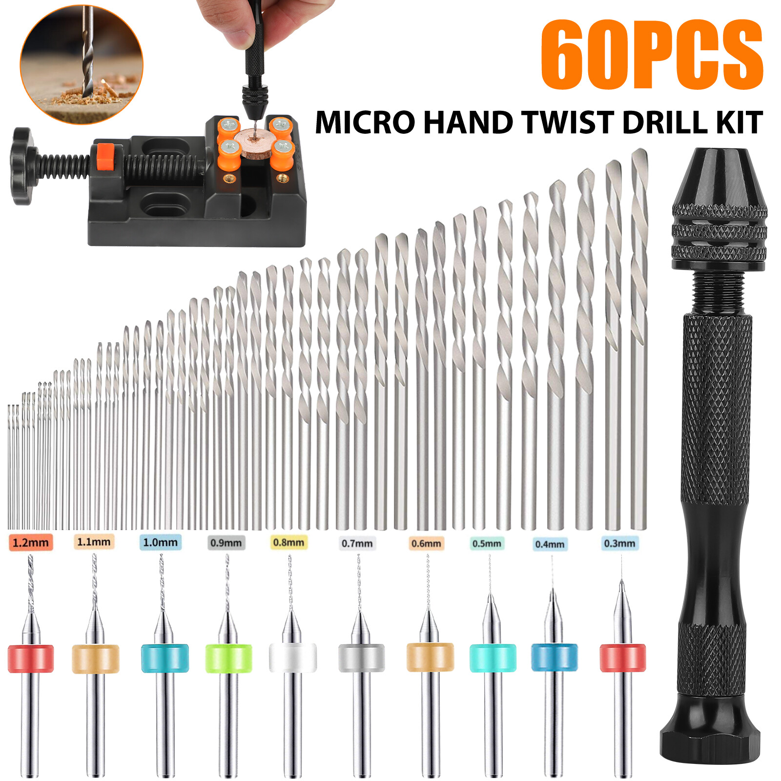 Pin Vice Micro - ชุดดอกสว่านมือขนาดเล็ก 60 ชิ้น พร้อมหัวจับแบบไม่ต้องใช้กุญแจและแท่นจับแบบหมุน