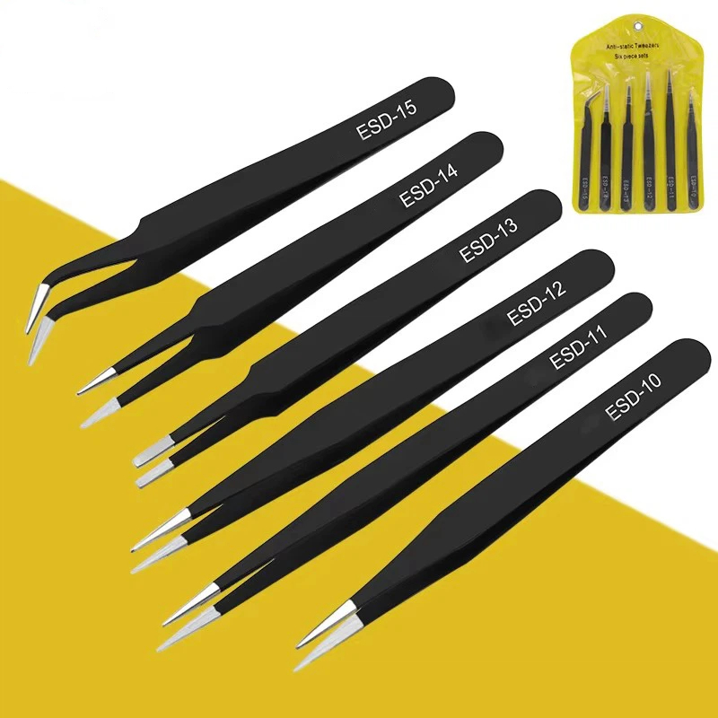 Model Kit Tweezers - ชุดแหนบสแตนเลสป้องกันไฟฟ้าสถิตย์ 6 ชิ้น ชุดเครื่องมือซ่อมแซม ชุดเครื่องมือป้องกันไฟฟ้าสถิตย์สำหรับทำโมเดล
